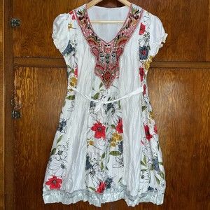 Boho Embroidered Puffy Metallic White Floral Dress Women's M